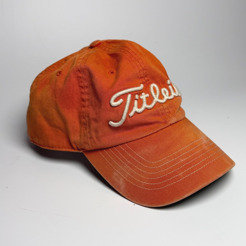 Titleist Golf Hat Orange Adjustable Strapback Cotton Script Logo Green Underbrim